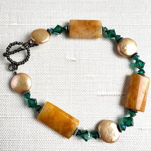 Handmade Gemstone & Glass Bead Bracelet With Toggle Clasp 8.5" Orange & Green